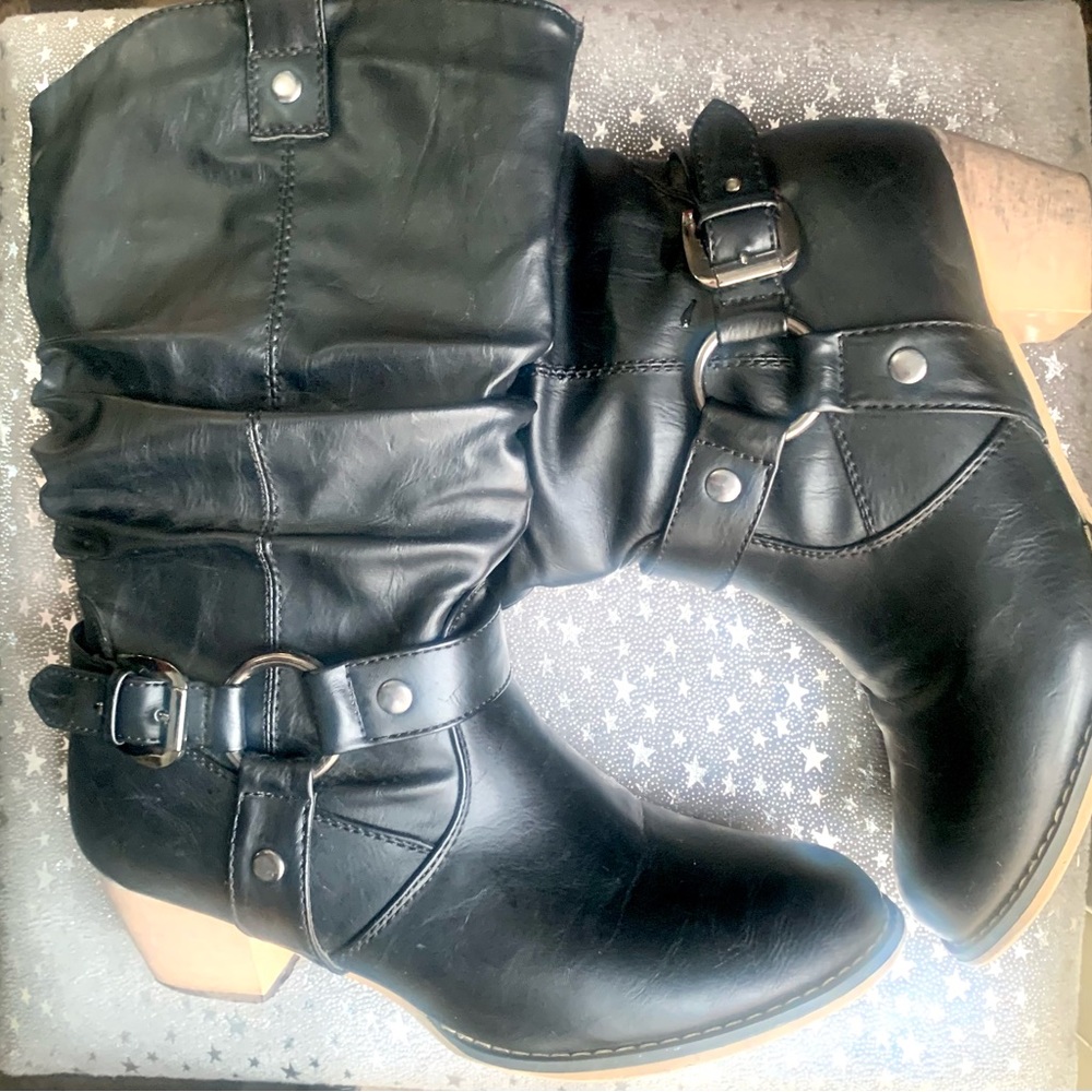 Sz 7 Mid Calf Slouchy Pull On Black Distressed Block Heel Cowboy Boots